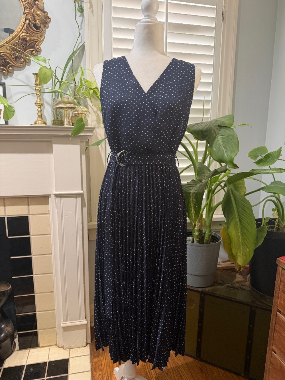 Navy blue polka dot dress.